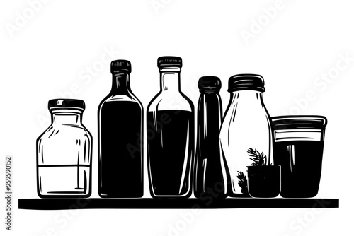 Various glass containers with liquid, accompanied by fresh ingredients on a clean tabletop, vector illustration art
