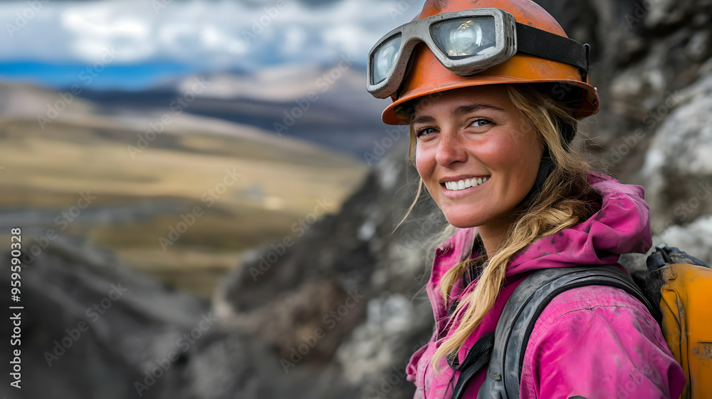 A smiling climber in a rugged landscape, showcasing adventure. A smiling climber in a rugged landscape, showcasing adventure.
