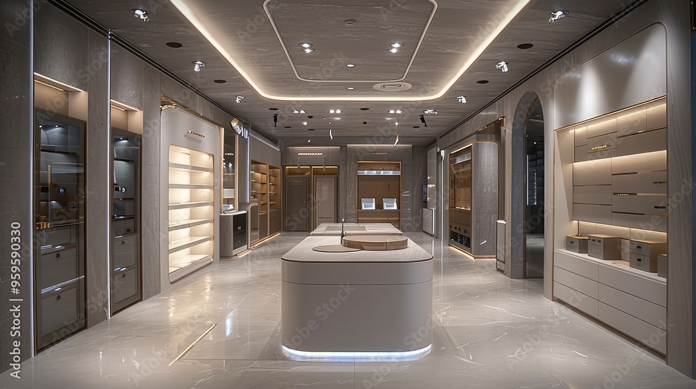 The design of the store for sale safes, in the middle place a table for negotiations, on the side walls and at the entrance to arrange stands with LED lighting. Generative AI.