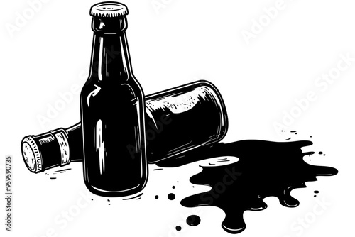 Beer bottle cap lying beside an open bottle with some liquid spilled around, vector illustration art