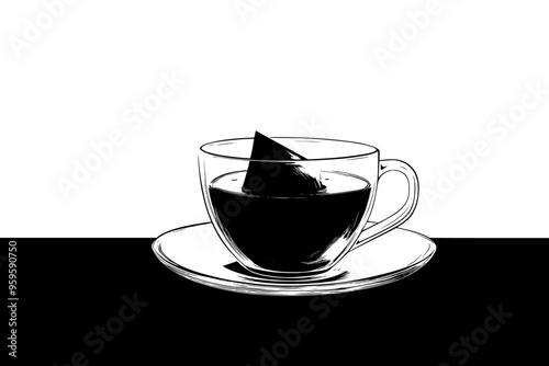 Black tea bag steeping in a clear cup of hot water on a table, vector illustration art