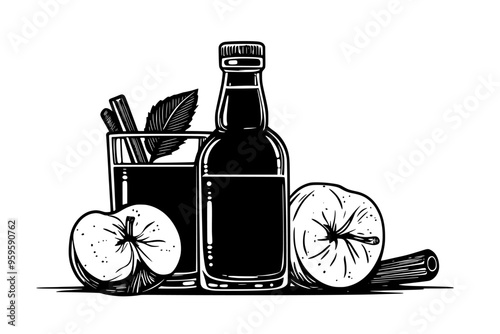 Bottle and glass of cider displayed with fresh apples and cinnamon sticks, vector illustration art
