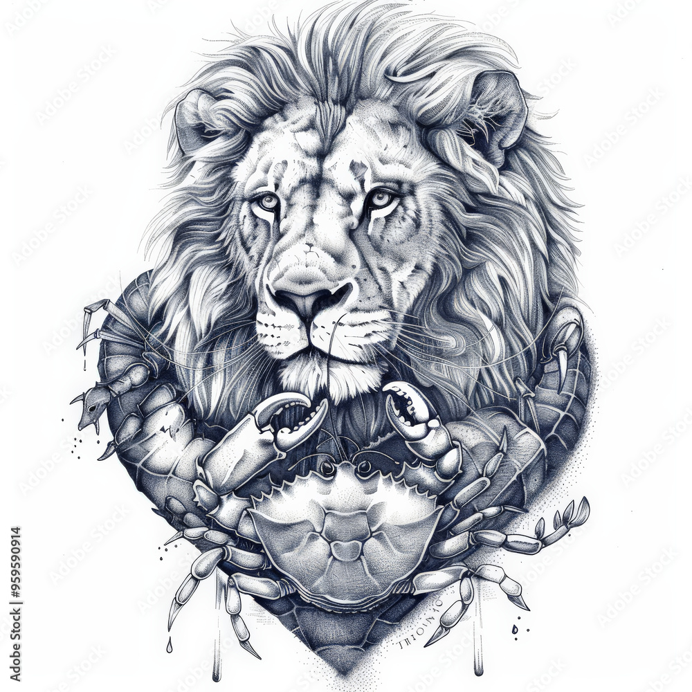 Obraz premium lion, crab, heart, vector, animal, head, lion, tattoo, cat, face, illustration, wild, art, logo, design, black, tribal, mammal, silhouette, predator, feline, symbol, power, drawing, mascot, wildlife,