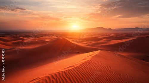 A panoramic view of a desert landscape during a sunset with red sand dunes and a hazy sky.