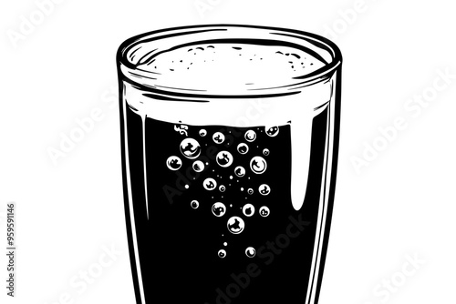 Close-up of clear pint glass filled with ale, bubbles rising, vector illustration art