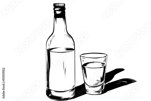 Clear vodka bottle and a filled shot glass on a plain table, vector illustration art