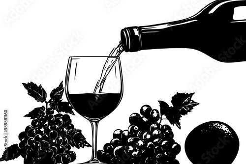 Close-up of liquid being poured from a bottle into a glass, with fruits nearby, vector illustration art