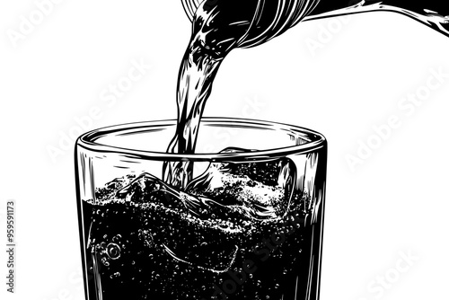 Close-up view of cola being poured into a glass, with visible carbonation bubbles, vector illustration art