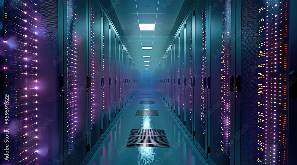 Fototapeta premium A virtual private server in a cloud provider data center, providing isolated resources, its status lights glowing softly in a controlled, cool environment. Generative AI.