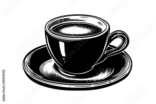 Demitasse cup with freshly brewed espresso shot on a saucer, vector illustration art