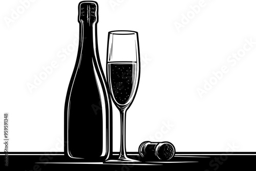 Filled flute glass and corked sparkling wine bottle on a table, vector illustration art