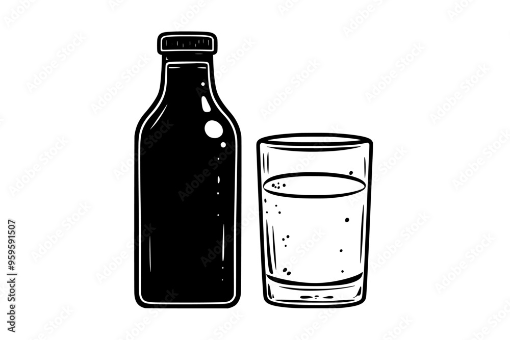 Filled oat milk bottle beside a glass of milk, vector illustration art Filled oat milk bottle beside a glass of milk, vector illustration art