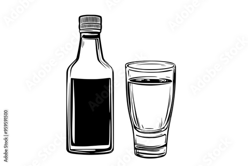 Filled shot glass of vodka beside a labeled bottle, vector illustration art