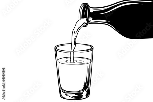 Flavored milk jug pouring into a clear drinking glass, vector illustration art