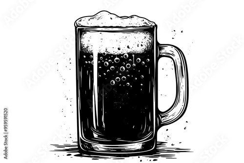 Frosty mug filled with root beer, topped with foam, and visible carbonation bubbles, vector illustration art