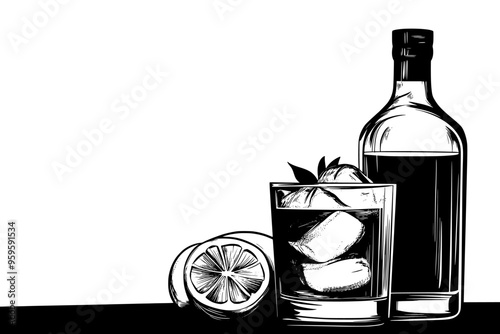 Gin bottle with filled tumbler glass garnished with citrus slices, vector illustration art