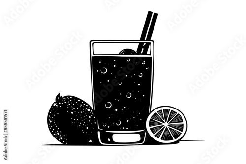 Glass filled with carbonated soda, bubbles rising, and a straw inserted into the drink, vector illustration art