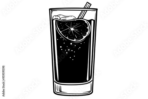 Glass of artisanal soda, clear and fizzy, with a lemon wedge on the rim, vector illustration art