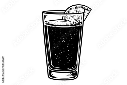 Glass of artisanal soda, clear and fizzy, with a lemon wedge on the rim, vector illustration art