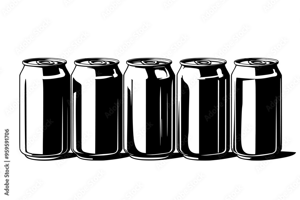 Group of root beer cans, unopened, arranged neatly side by side on a plain background, vector illustration art Group of root beer cans, unopened, arranged neatly side by side on a plain background, vector illustration art