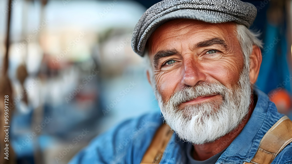 A smiling elderly man with a beard, wearing a cap and denim jacket. A smiling elderly man with a beard, wearing a cap and denim jacket.