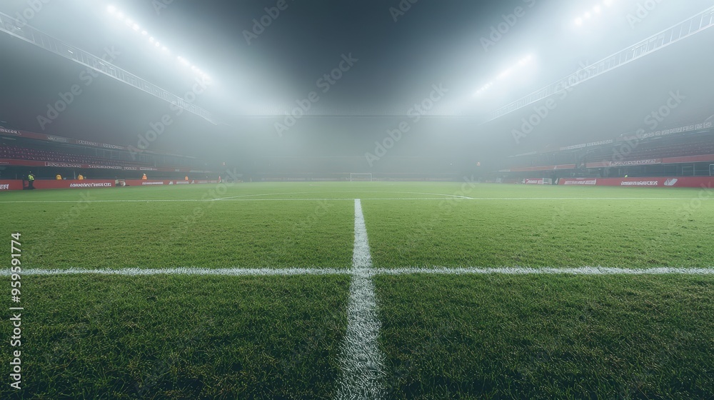 Obraz premium Foggy Night Football Stadium with Illuminated Field and Empty Stands Under Bright Stadium Lights