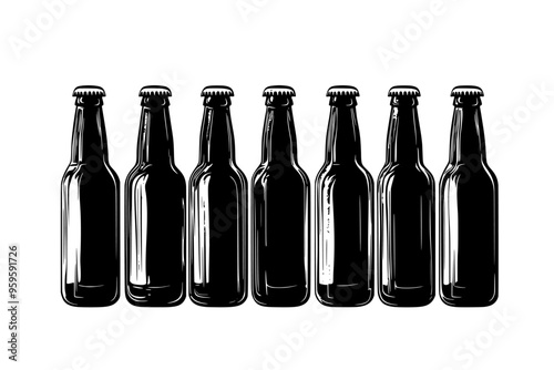 Group of lager bottles arranged in a straight line with caps intact, vector illustration art