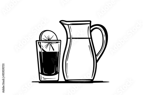 Jug of apple cider alongside a glass holding liquid with an apple slice garnish, vector illustration art
