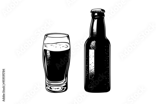 Lager bottle with condensation standing next to a filled glass, vector illustration art