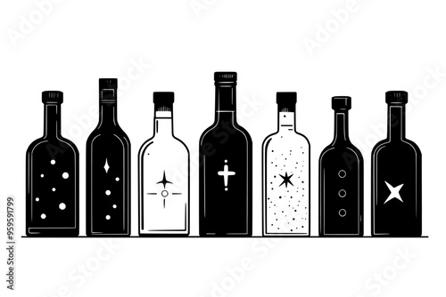 Lineup of craft distillery bottles, each featuring different spirit, vector illustration art