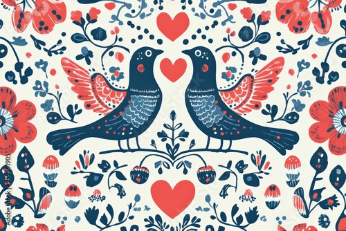 Pattern featuring Scandinavian-inspired folk art, with symmetrical designs of birds, flowers, and hearts. Use a limited color palette of red, blue, and white, with clean, bold line