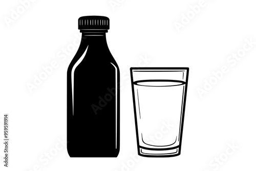 Milk bottle with a sealed cap beside a glass of milk, vector illustration art