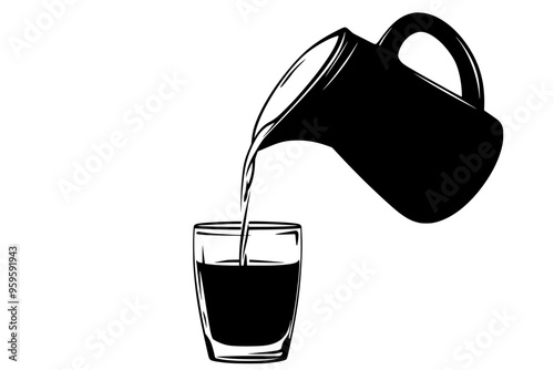 Pitcher pouring oat milk into a clear glass, vector illustration art