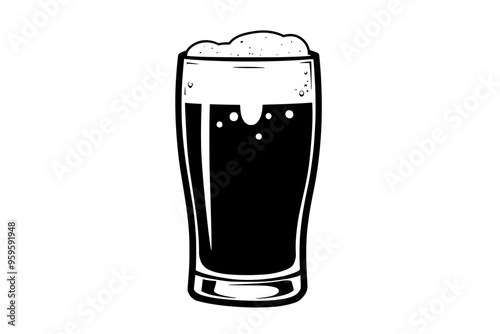 Pint glass of dark stout beer topped with creamy foam, vector illustration art