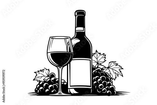 Red wine bottle partially uncorked, with a filled glass and grape bunches on display, vector illustration art