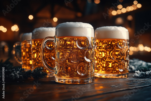 Beer Mugs and Foamy Beer with Lights