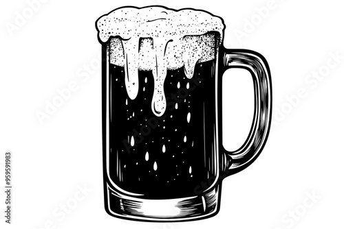 Root beer mug with a handle, filled with liquid, and a foamy top layer, vector illustration art