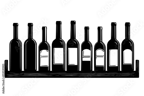 Row of vintage wine bottles on a wooden wine rack, vector illustration art