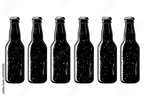 Row of stout bottles with dark liquid and condensation, vector illustration art