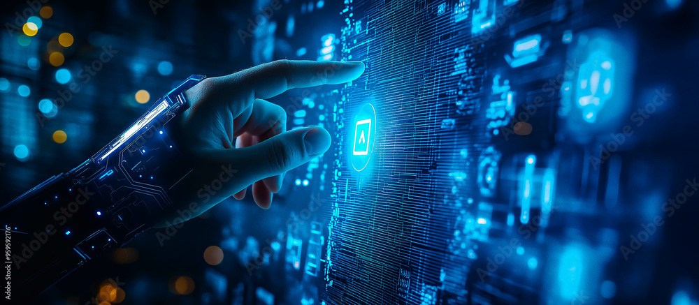 A robot hand points towards a holographic display showcasing cyber security symbols. The intersection of Artificial Intelligence, cyber security, and global communication technology. Generative AI. A robot hand points towards a holographic display showcasing cyber security symbols. The intersection of Artificial Intelligence, cyber security, and global communication technology. Generative AI.