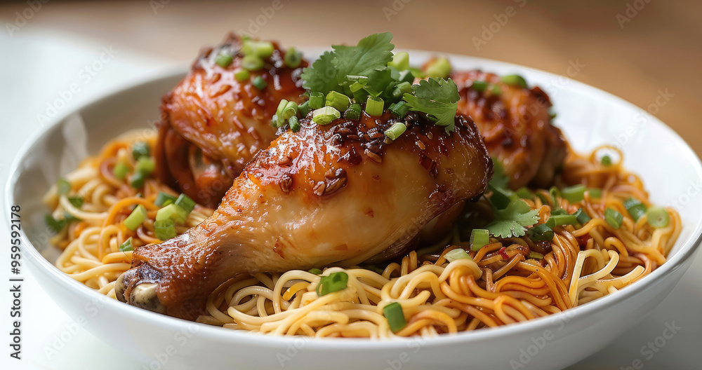 A Chinese food dish, dry noodles with a chicken leg on top, in a white bowl. Generative AI.