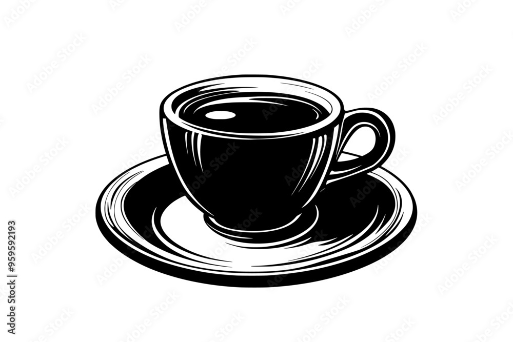Small espresso cup filled with a dark liquid, placed on a circular plate, vector illustration art Small espresso cup filled with a dark liquid, placed on a circular plate, vector illustration art