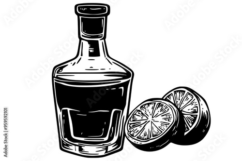 Filled shot glass of tequila beside bottle with visible label and lime, vector illustration art