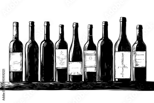 Selection of vintage wine bottles standing upright on a wooden shelf, vector illustration art