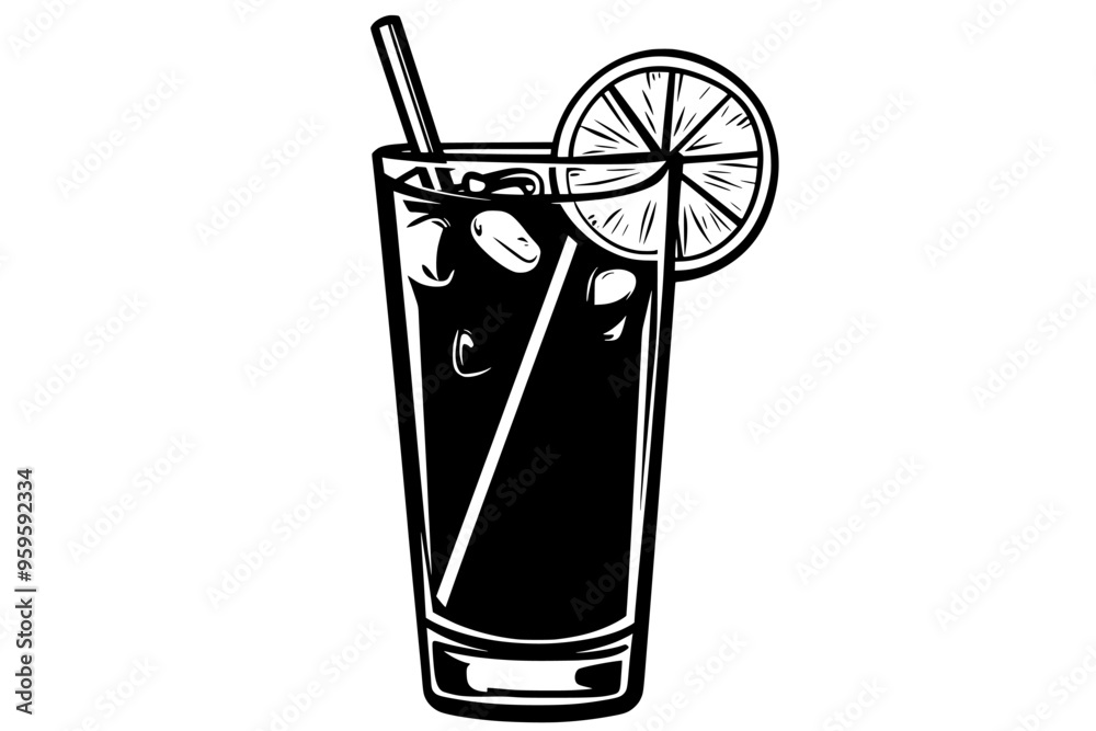 Tall glass of lemon-lime drink, with a straw and a lemon slice on the rim, vector illustration art Tall glass of lemon-lime drink, with a straw and a lemon slice on the rim, vector illustration art