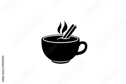 Steaming cup of hot chocolate with a cinnamon stick protruding from the side, vector illustration art