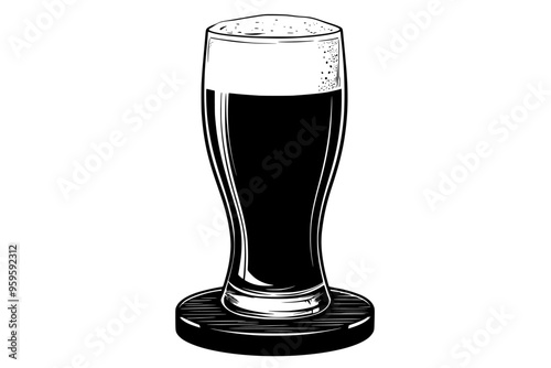 Stout beer glass with foam, on wooden coaster, vector illustration art