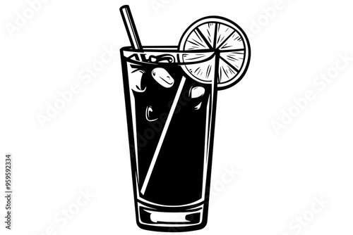 Tall glass of lemon-lime drink, with a straw and a lemon slice on the rim, vector illustration art