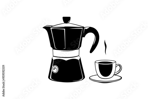 Stovetop espresso maker with a freshly brewed espresso shot beside it, vector illustration art