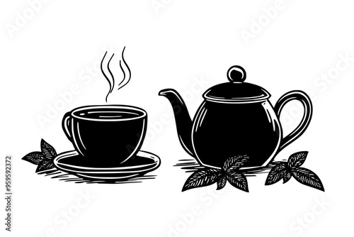 Teacup filled with herbal tea beside a small teapot on a wooden tray, vector illustration art